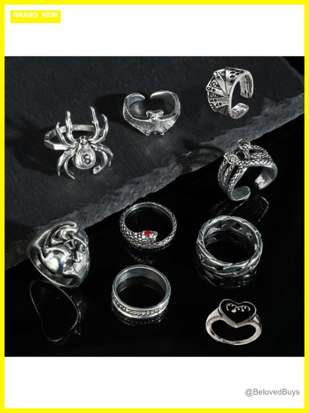 Gothic Punk Stackable Rings Set Silver Tone Adjustable - Picture 2 of 5